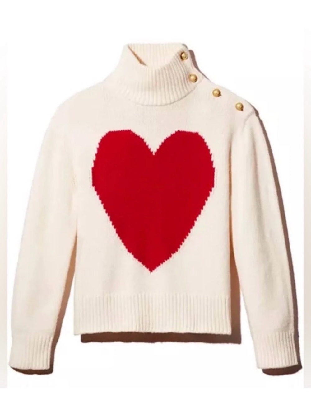 NEW SOFT Kate Spade Cream Turtleneck Sweater Red Heart and Gold Buttons Large